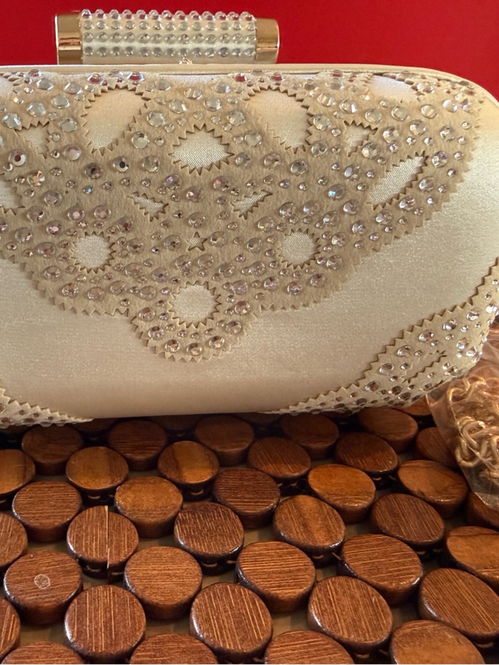 Crystal-Embellished Ivory Satin Evening Clutch